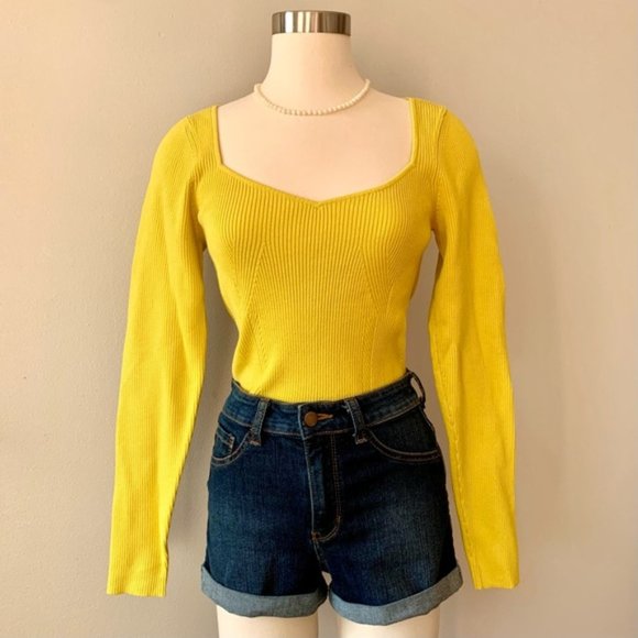 Anthropologie Citron Yellow Sweetheart Neckline Knit Long Sleeve Sweater size L - Picture 3 of 16